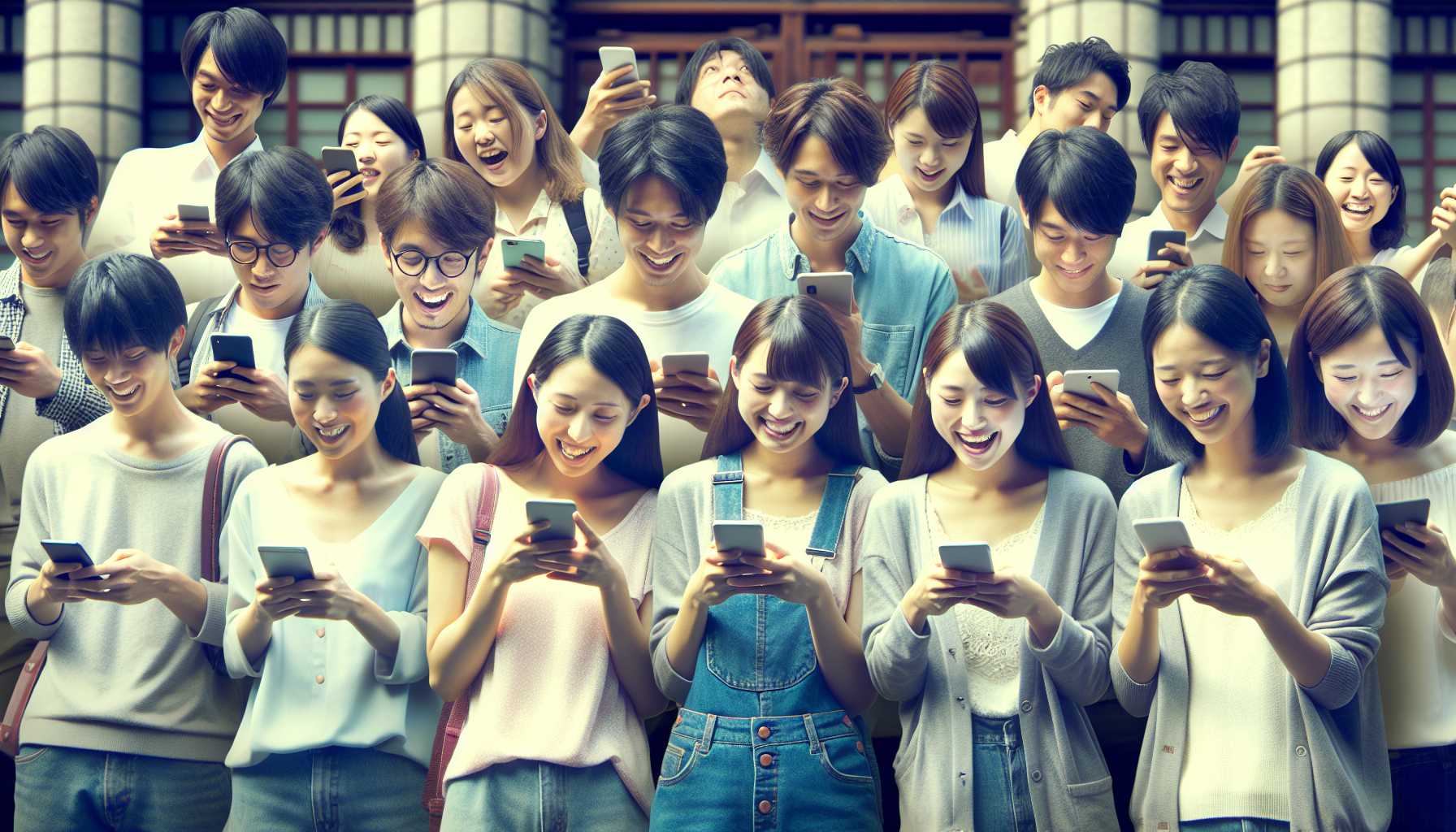 A group of Japanese college students using their smartphones to access social media apps like LINE and Twitter.