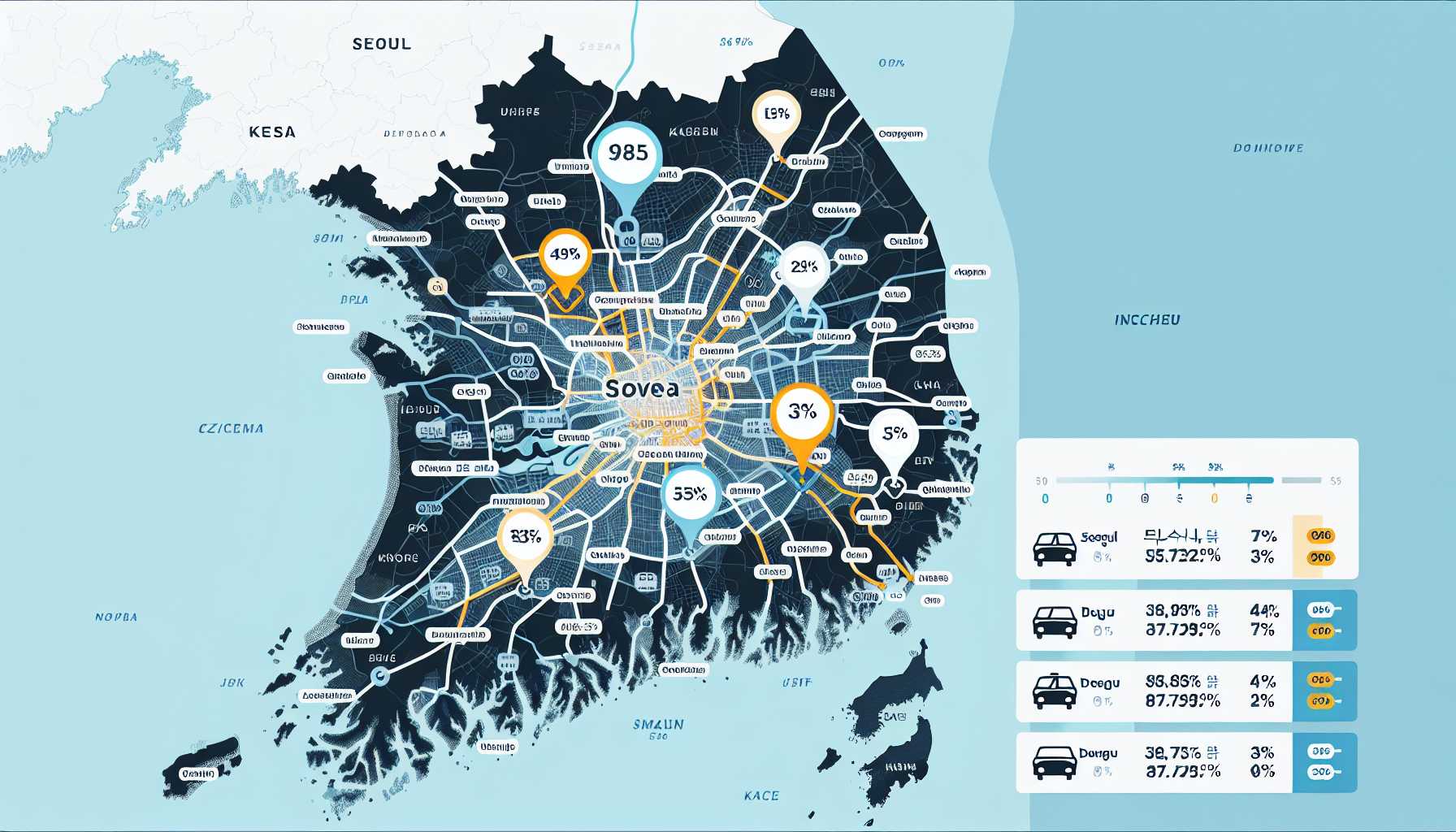 A map of South Korea highlighting the major cities of Seoul, Busan, Daegu, Incheon, and Gwangju with ride-hailing service usage percentages displayed.