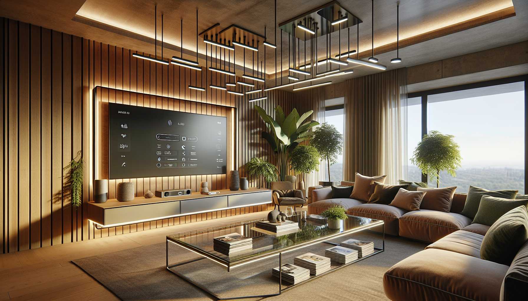 A modern living room with automated lighting system