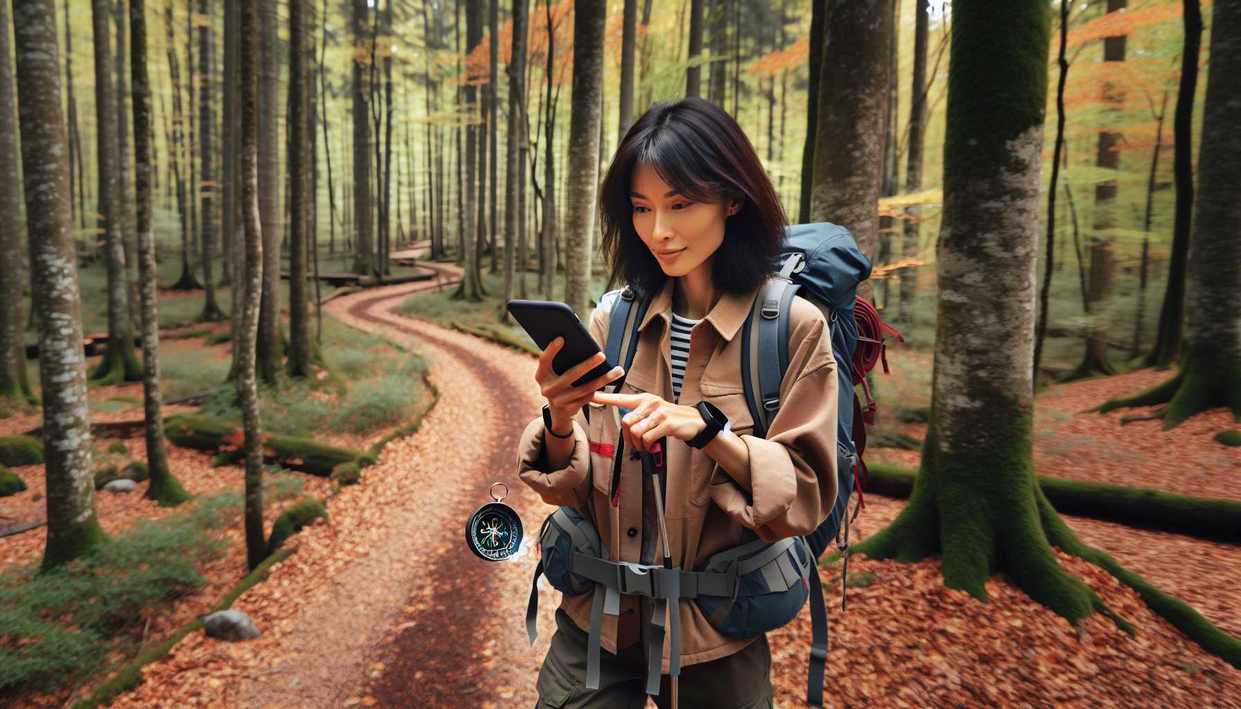 A person using a smartphone app to navigate a hiking trail in a Latvian forest