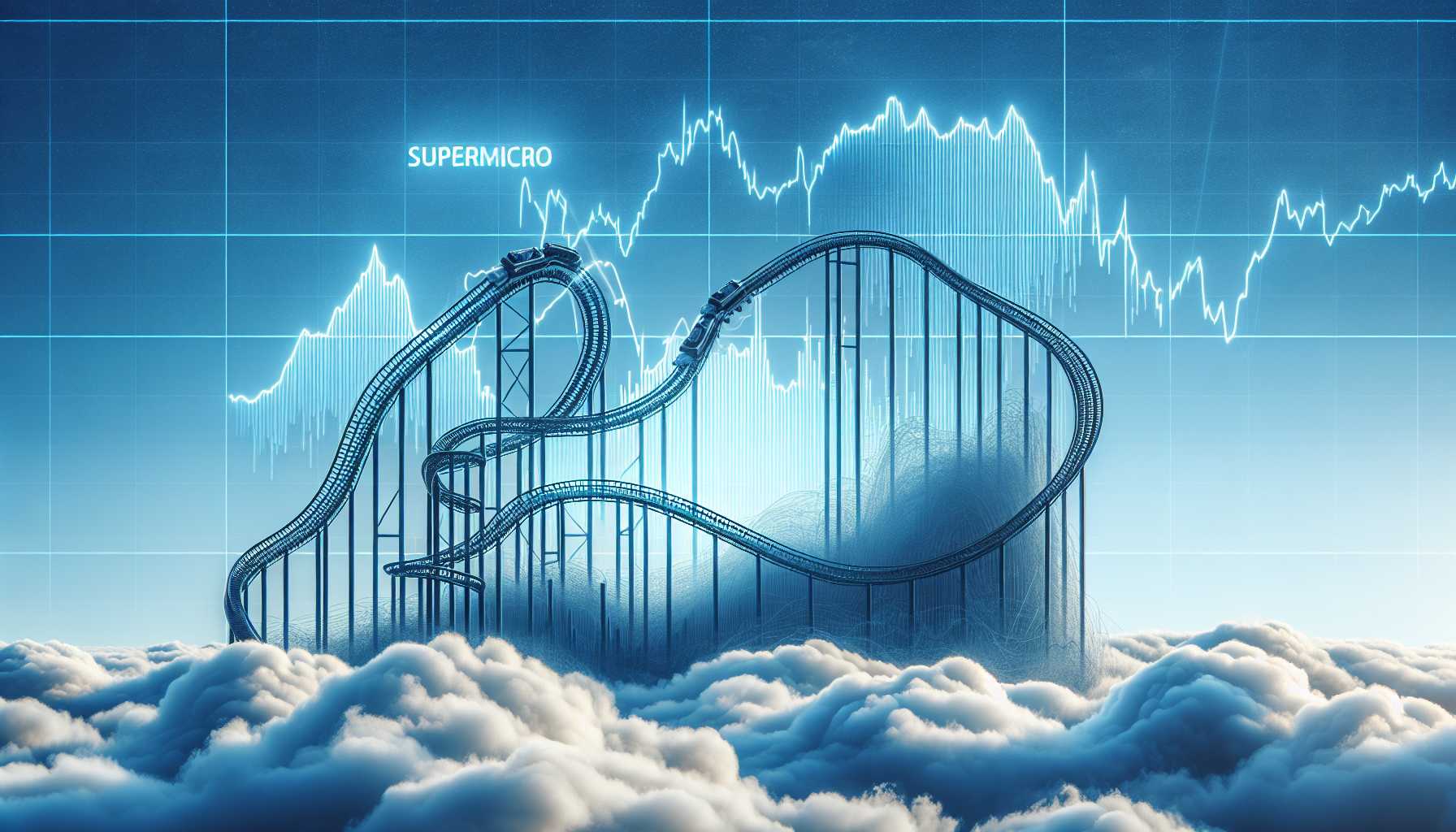 A dramatic scene of a rollercoaster labeled 'Supermicro' with stock prices going up and down.