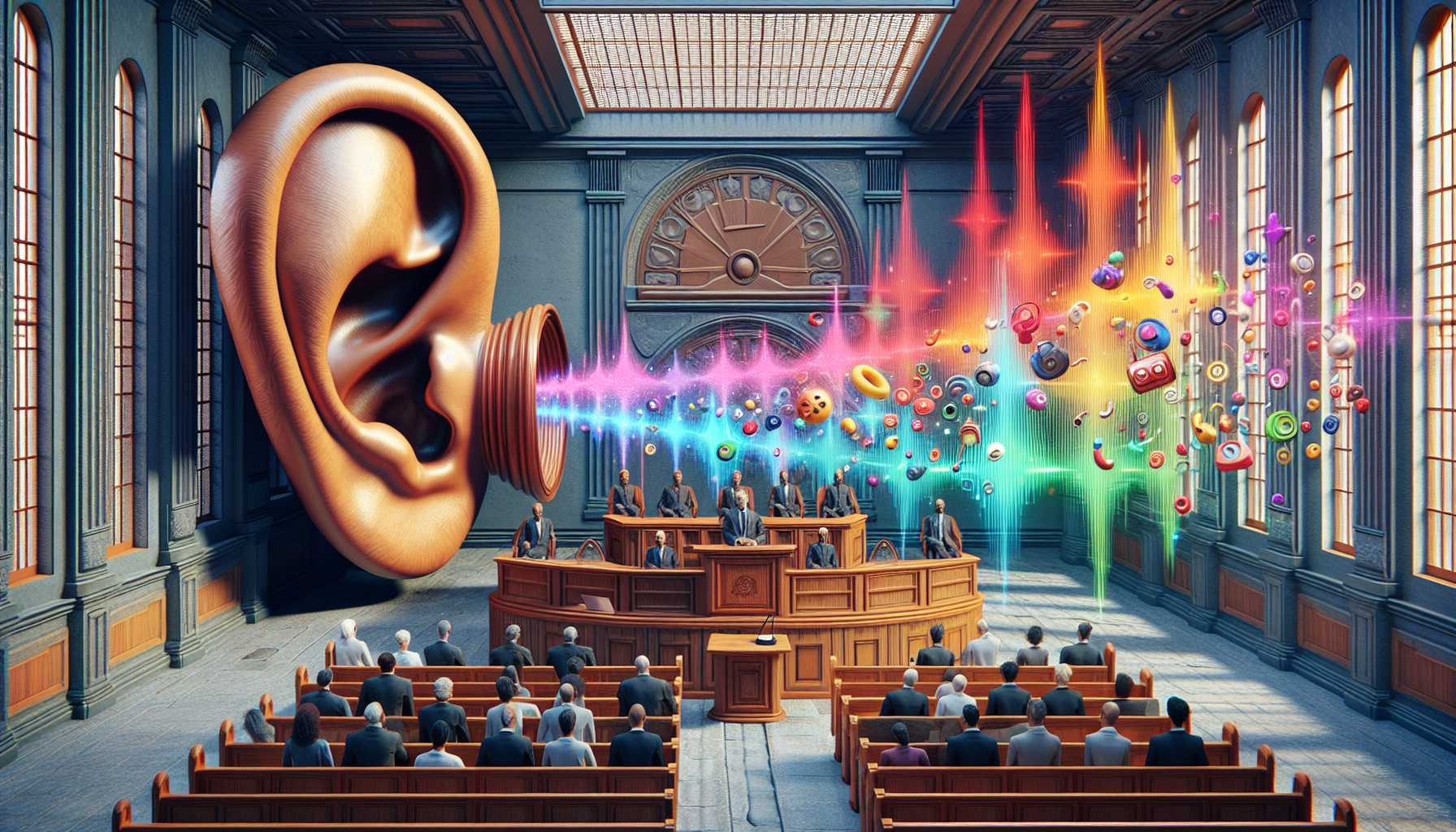 a fictional courtroom scene with a giant ear listening to robocalls