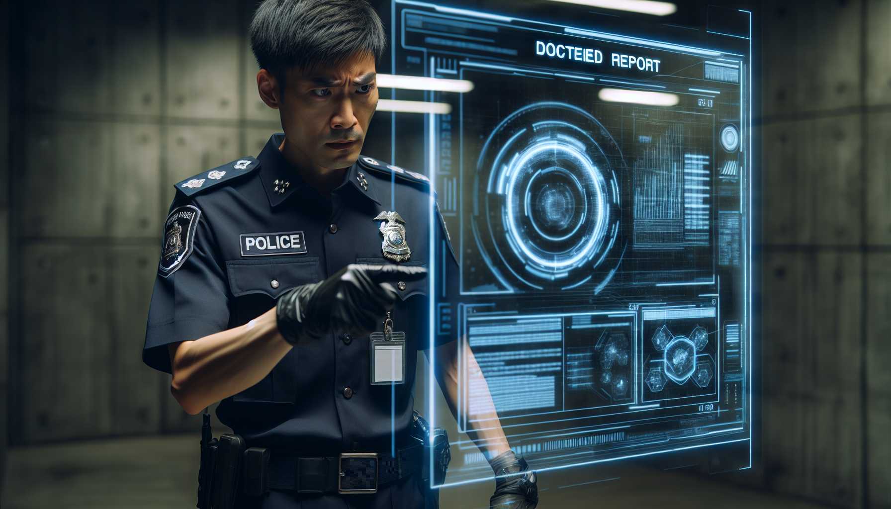 a police officer in uniform pointing at a hologram showing a false police report