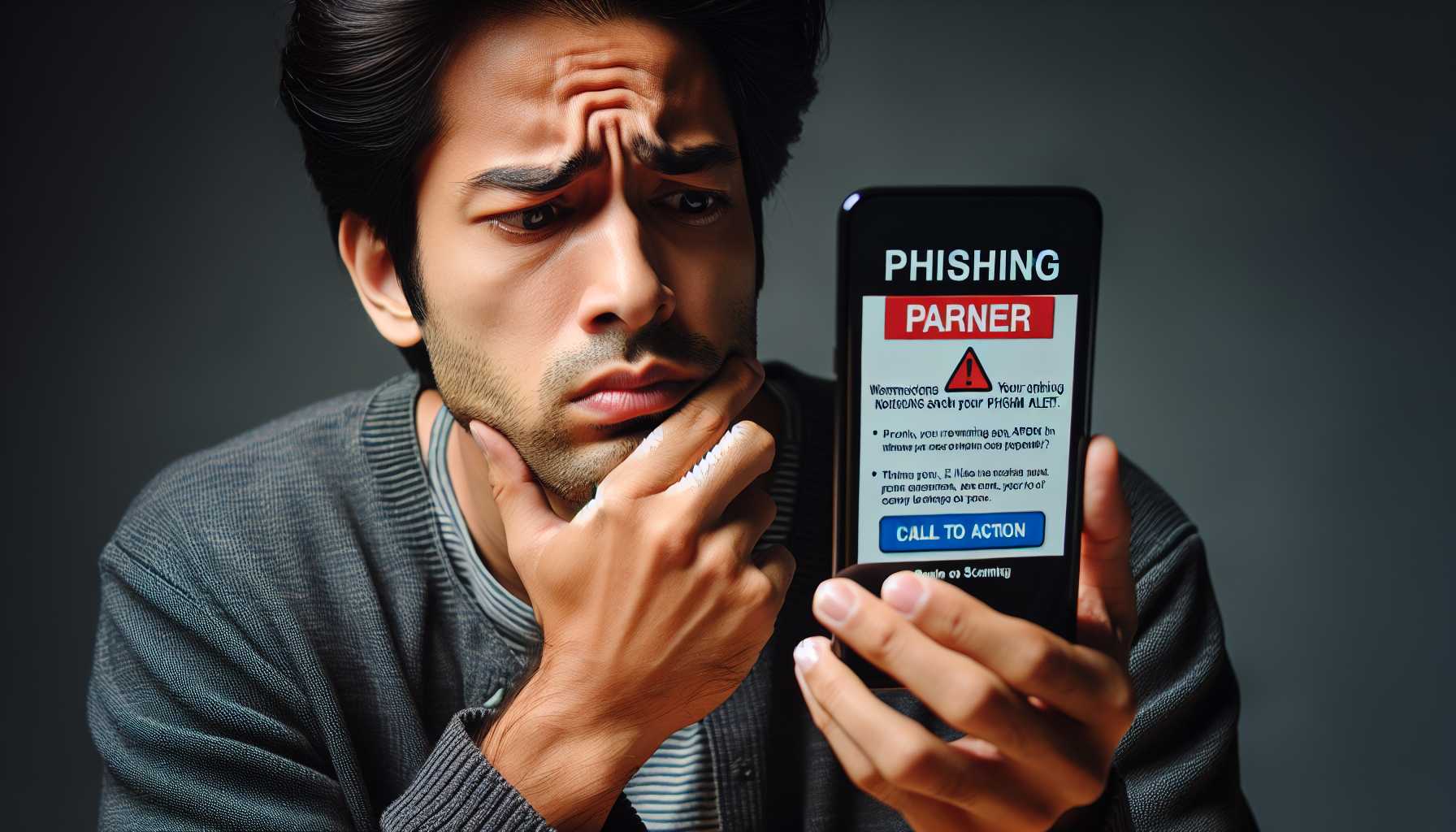 a confused user looking at a mobile phone app with a phishing scam notification