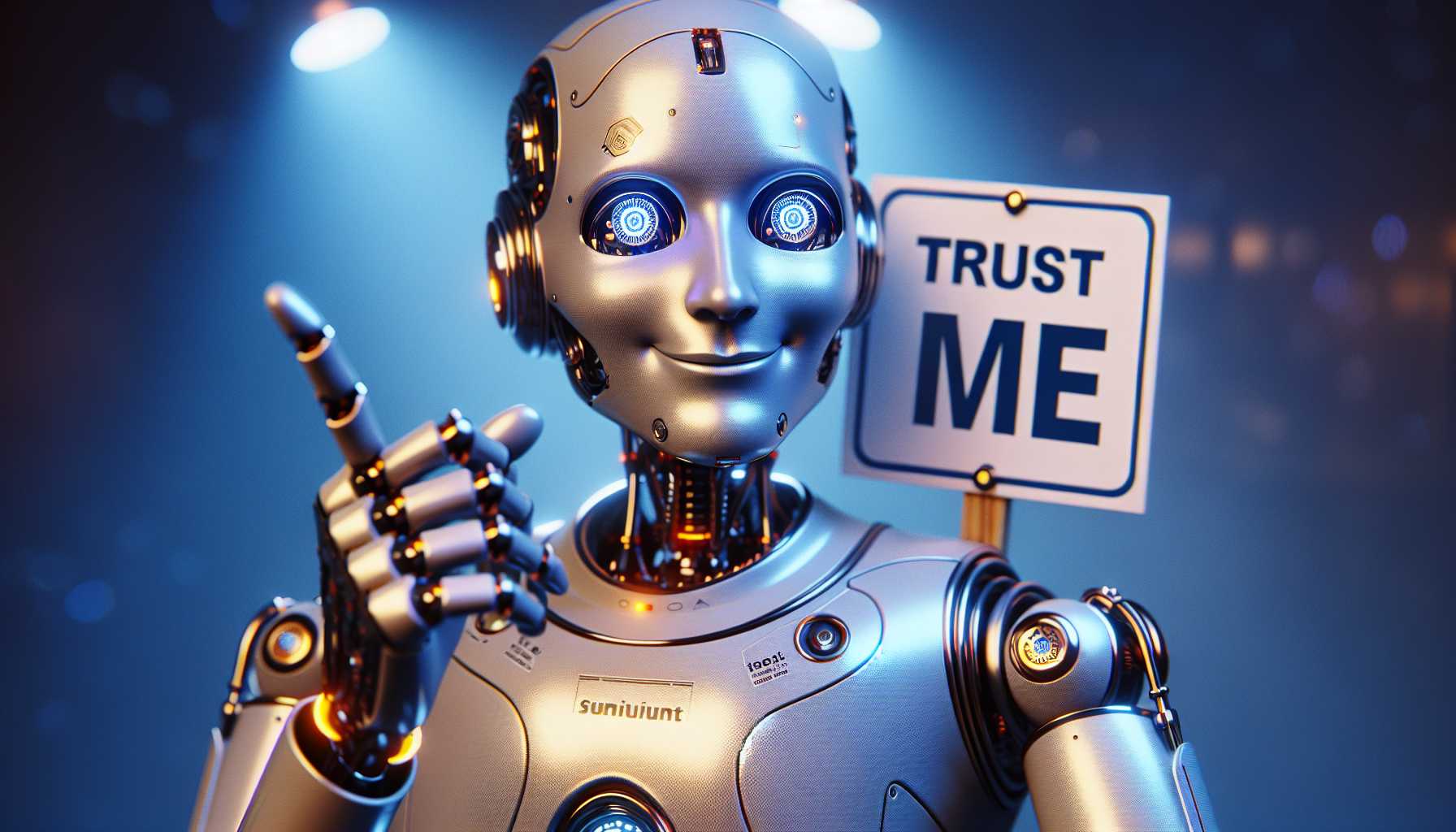 an AI robot with a smirking expression holding a sign that says 'Trust Me'