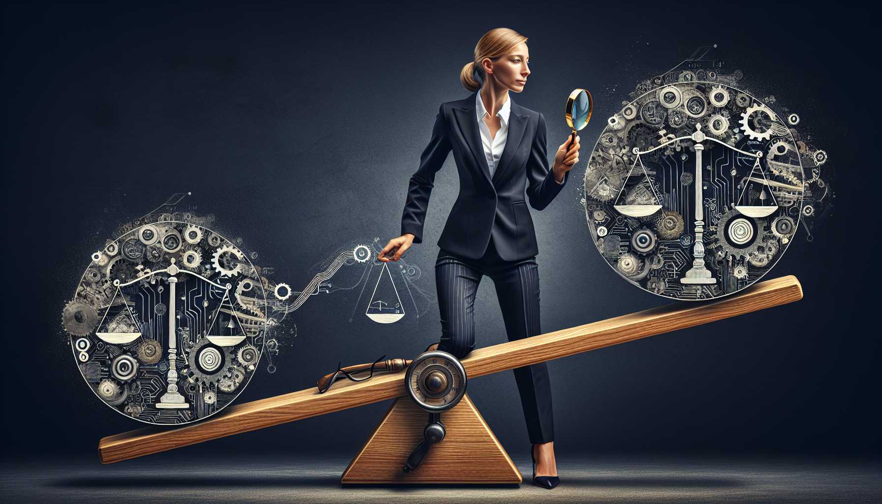 an investor in a suit holding up a magnifying glass on a seesaw balancing innovation and regulation