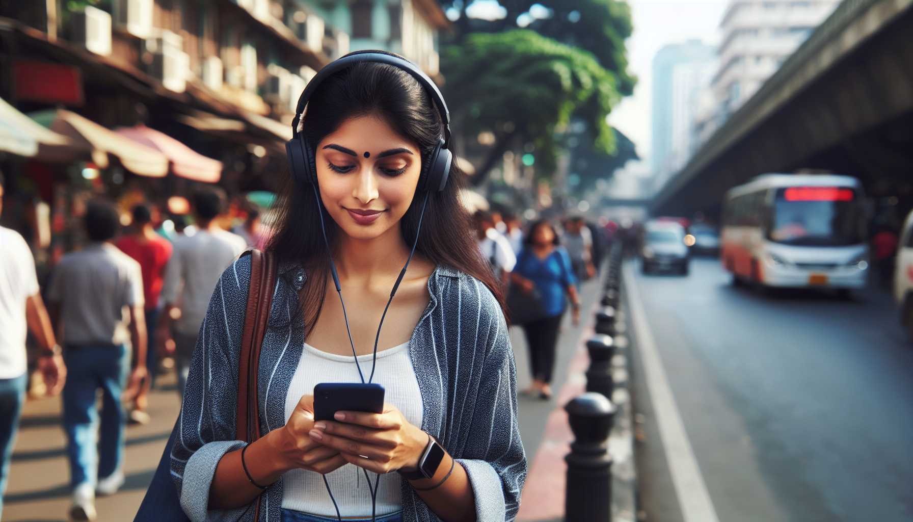 Person listening to a podcast on their phone while walking down the street