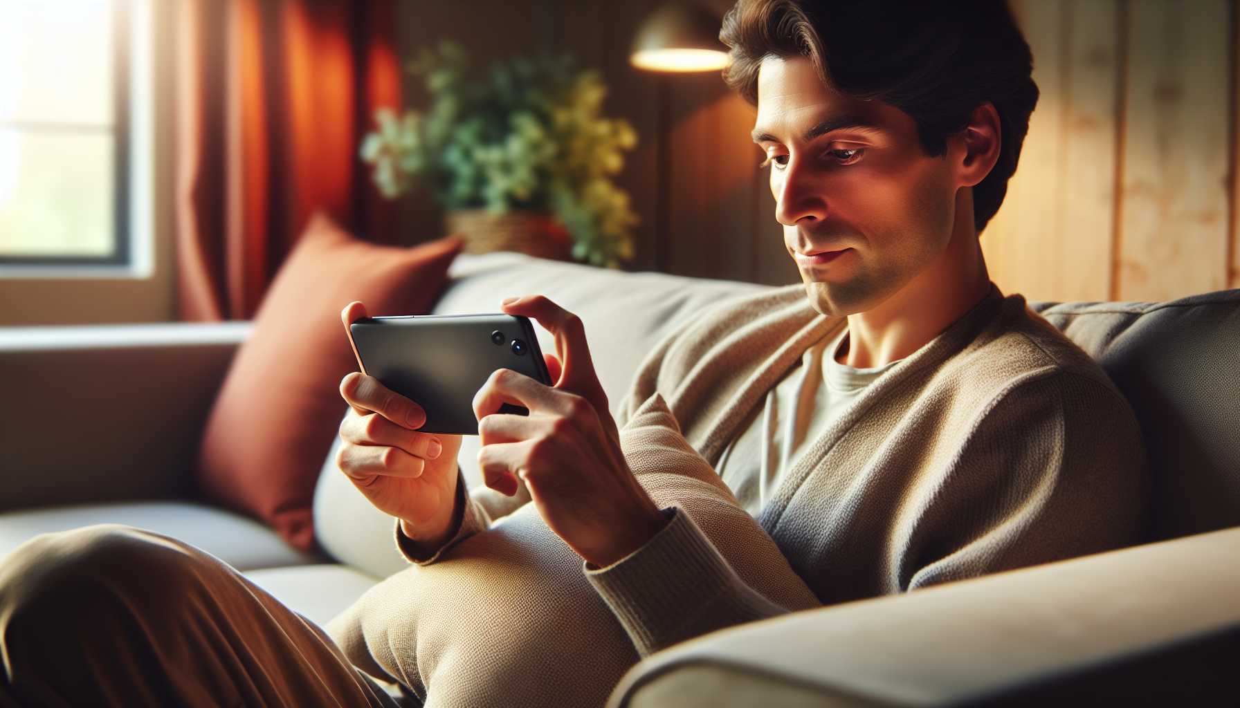 Person playing a mobile game on their phone while sitting on a couch.