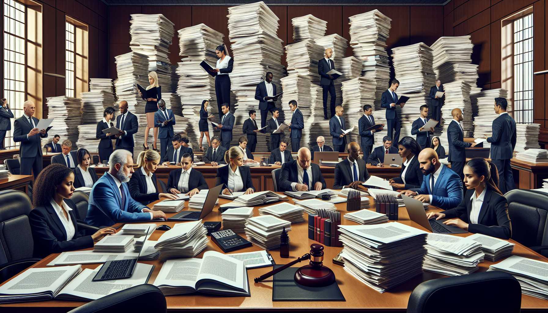 A courtroom with stacks of documents symbolizing legal battles in tech