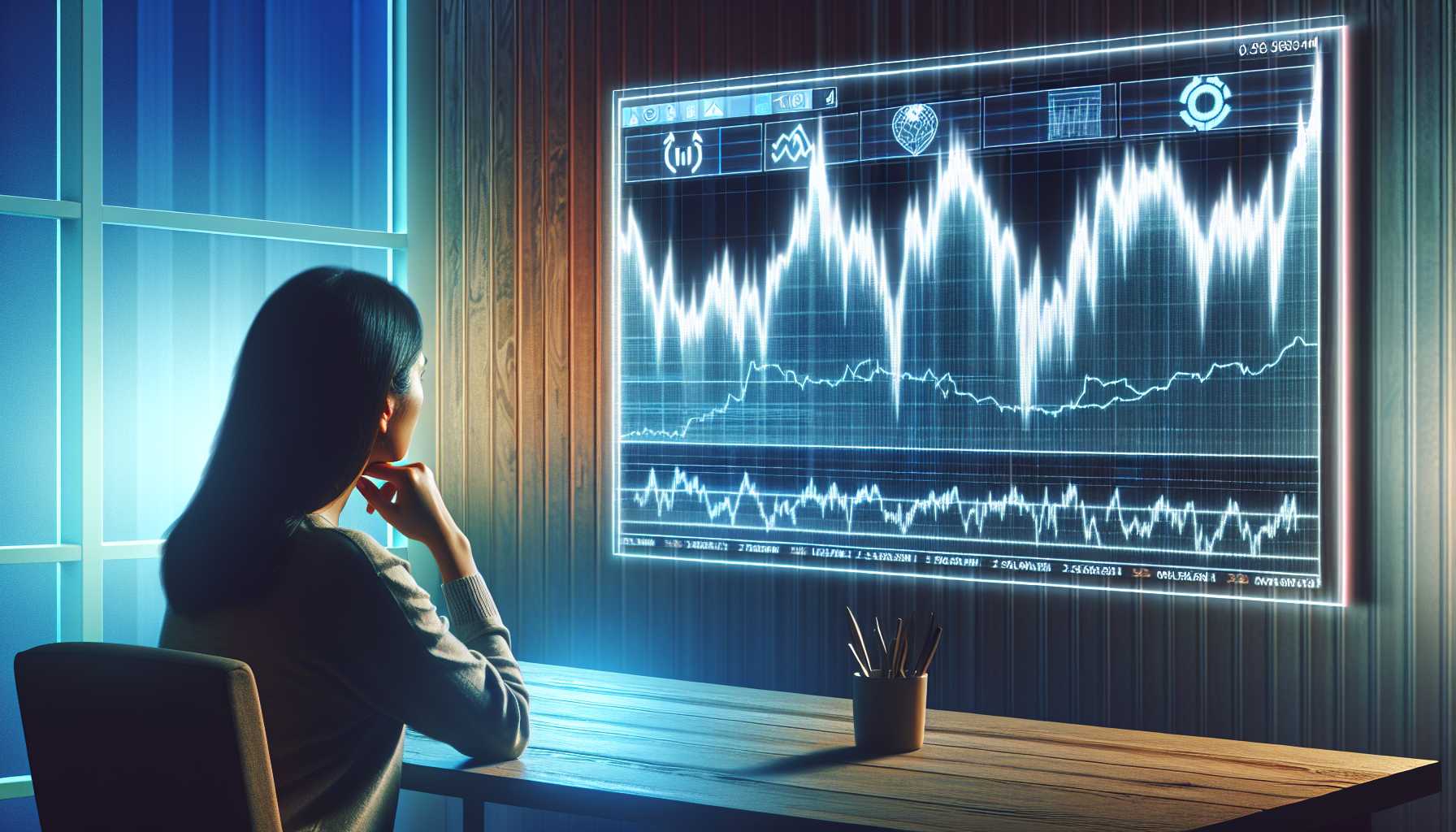 A person viewing a volatile stock market graph on a screen, with Nvidia logo in the corner.