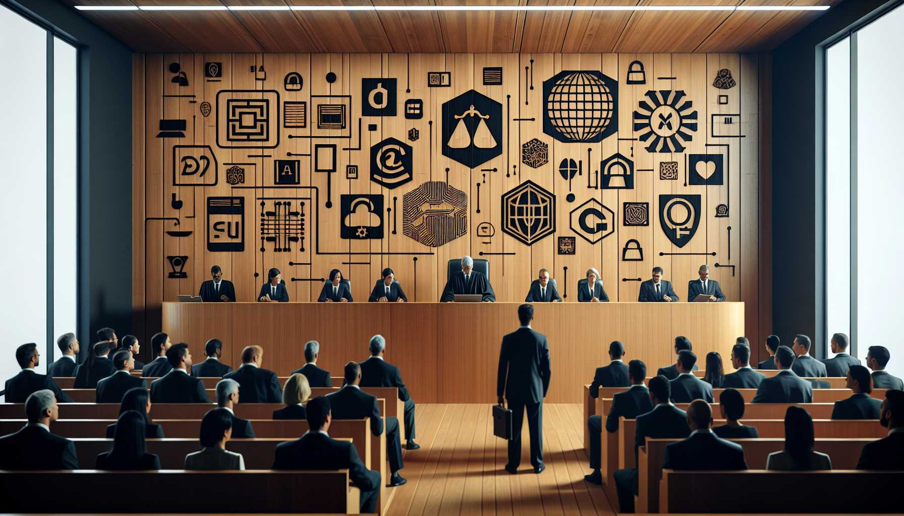 a courtroom with tech company logos on display