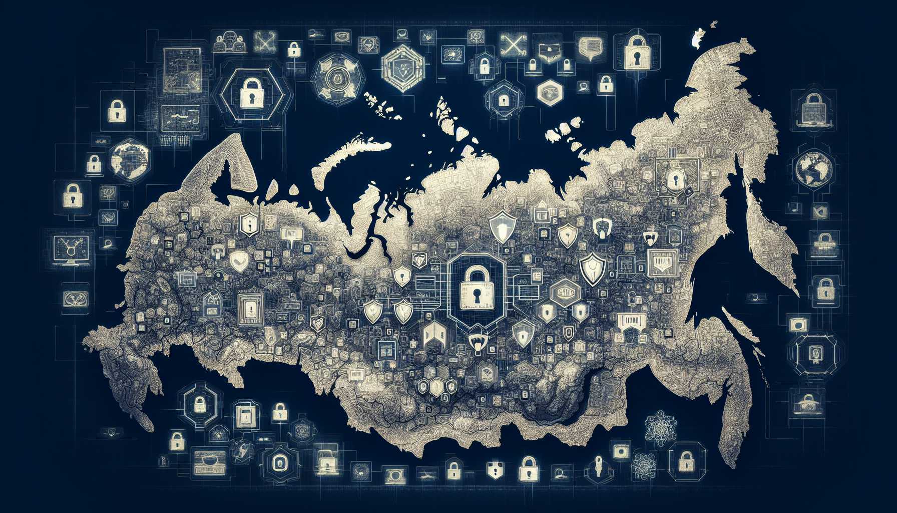 a map of Russia with digital security icons