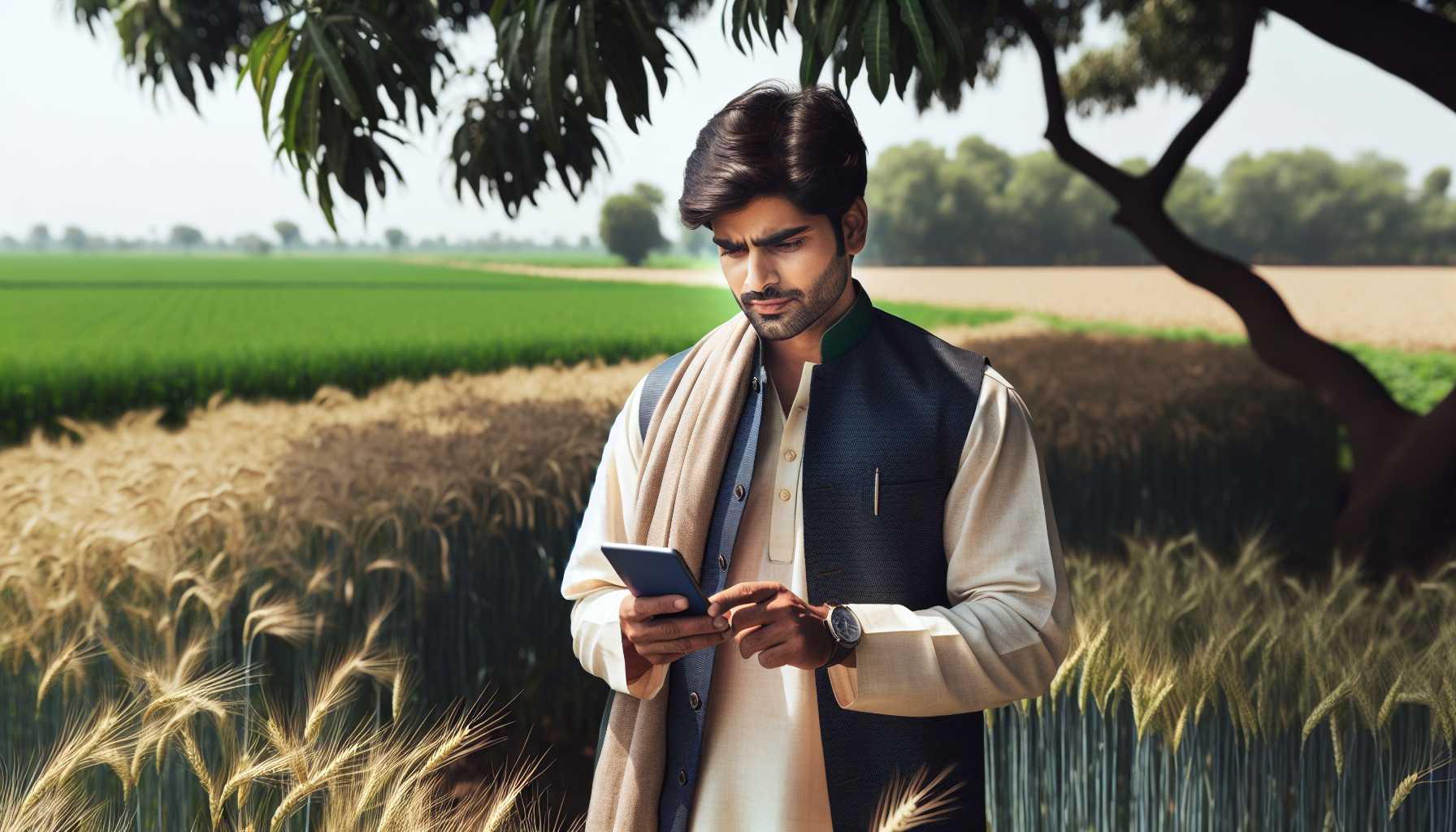 A farmer in rural India using a smartphone app to monitor crop health.