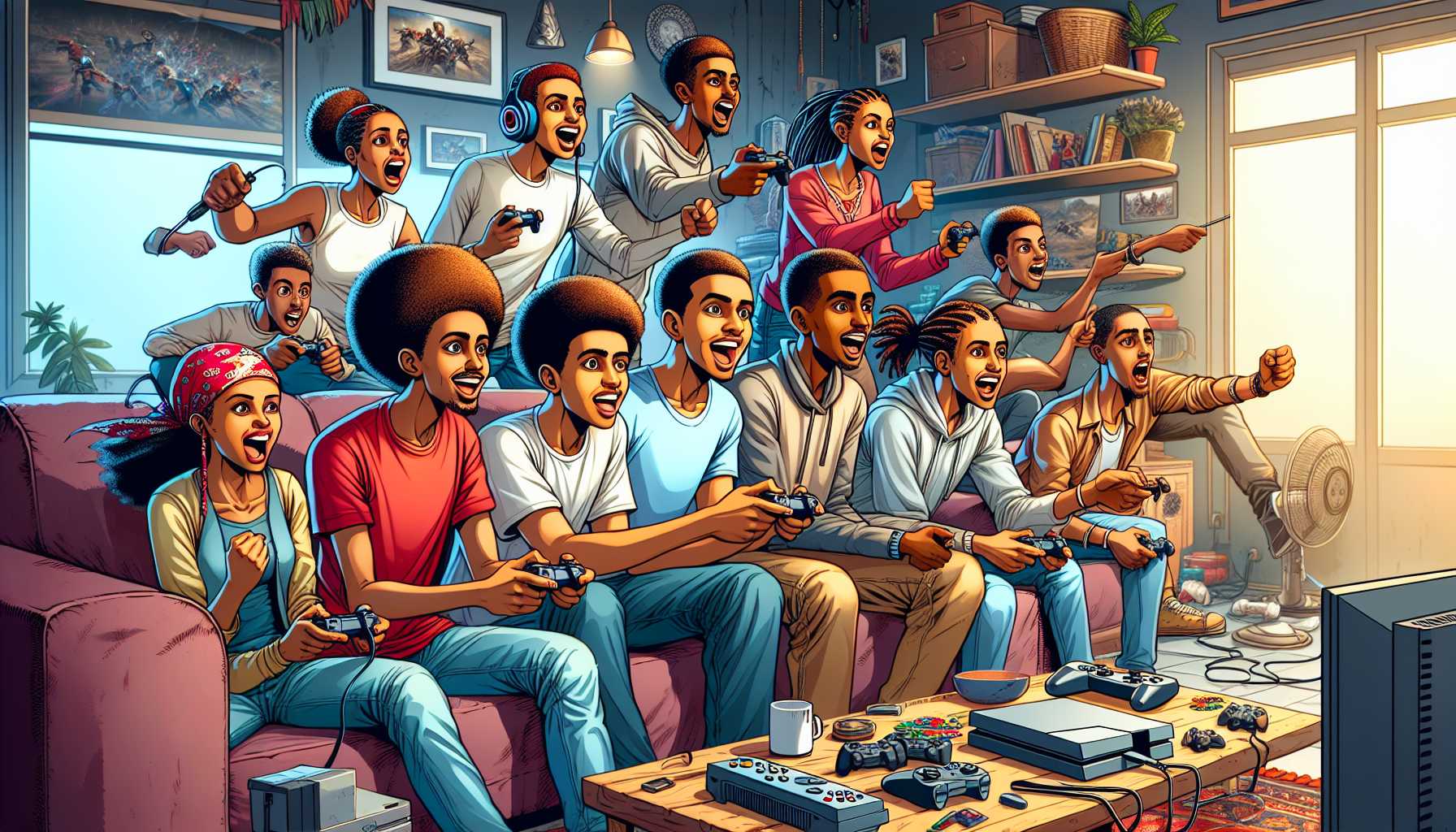 A group of young people in Eritrea playing video games together