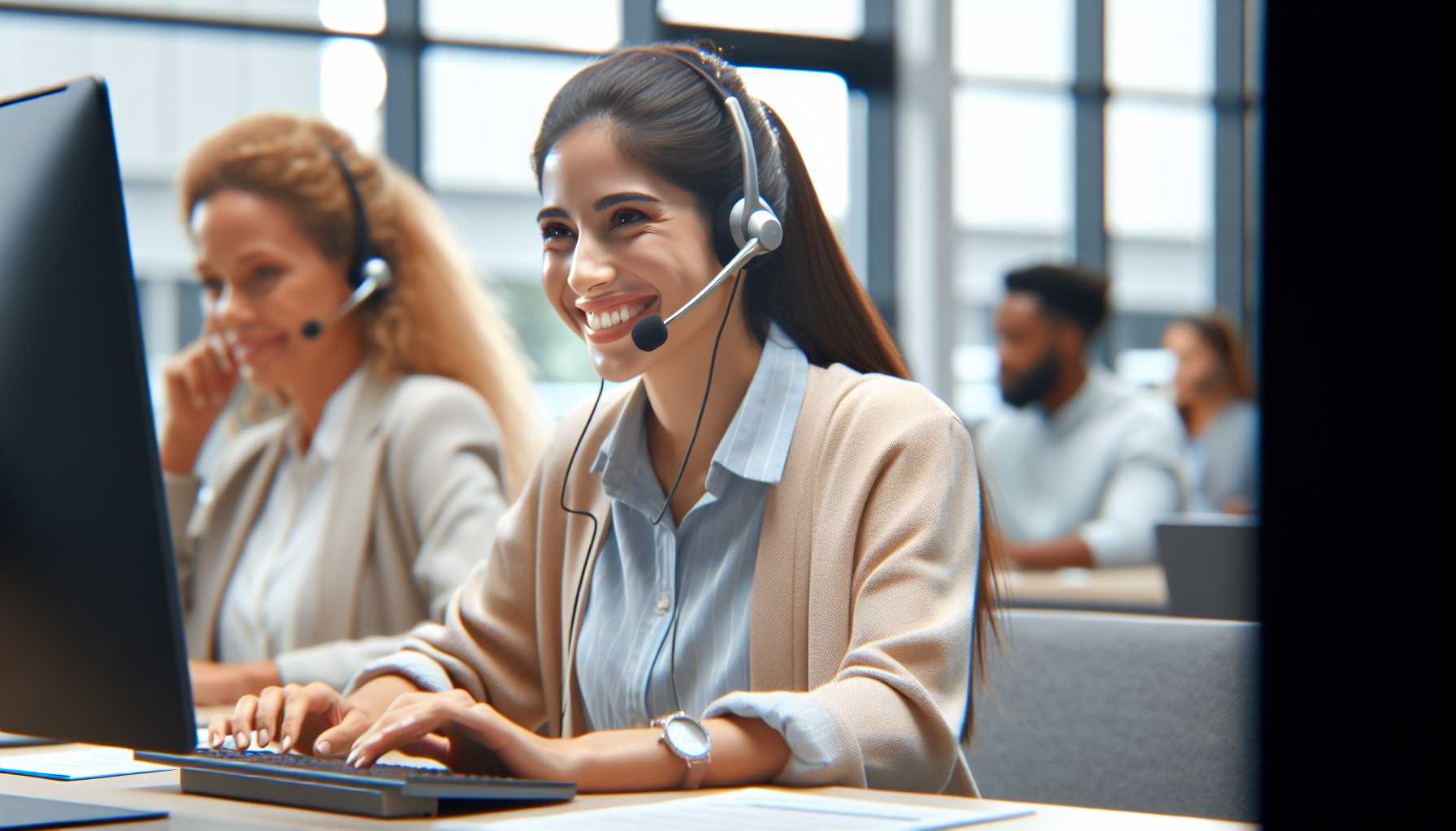 A happy customer service agent using an AI-powered tool to assist a customer