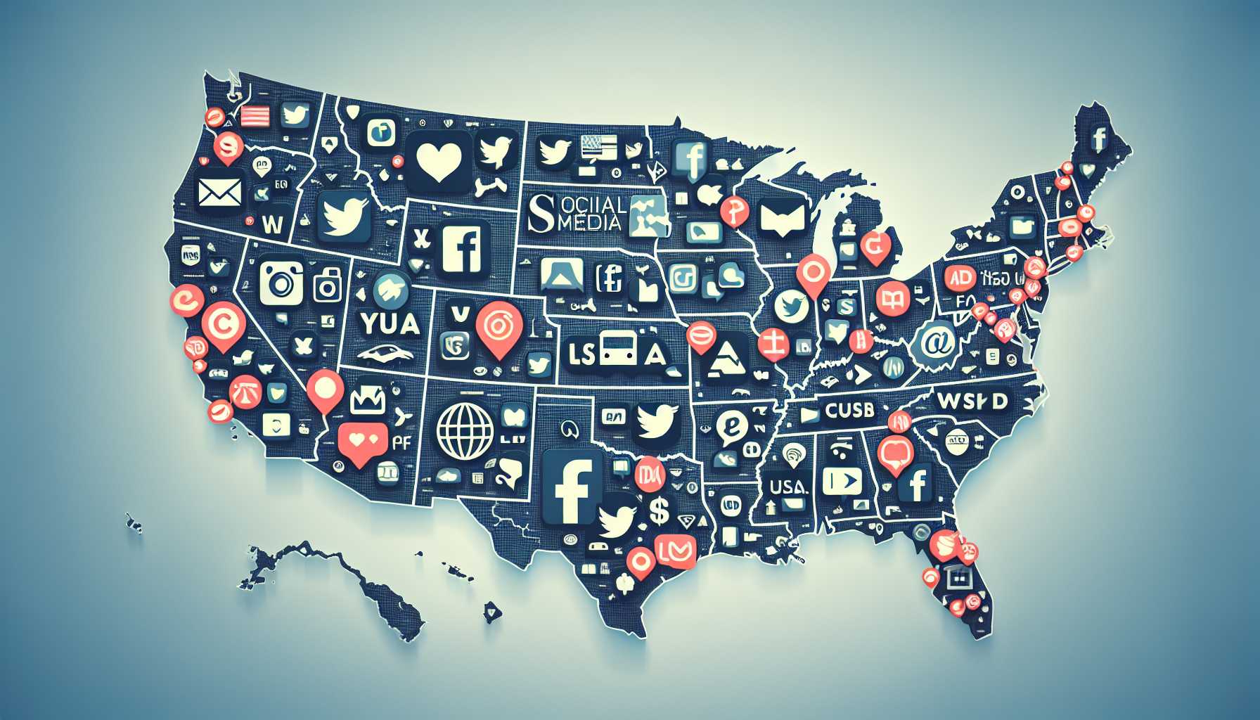 A map of the USA with social media logos overlaid on major cities