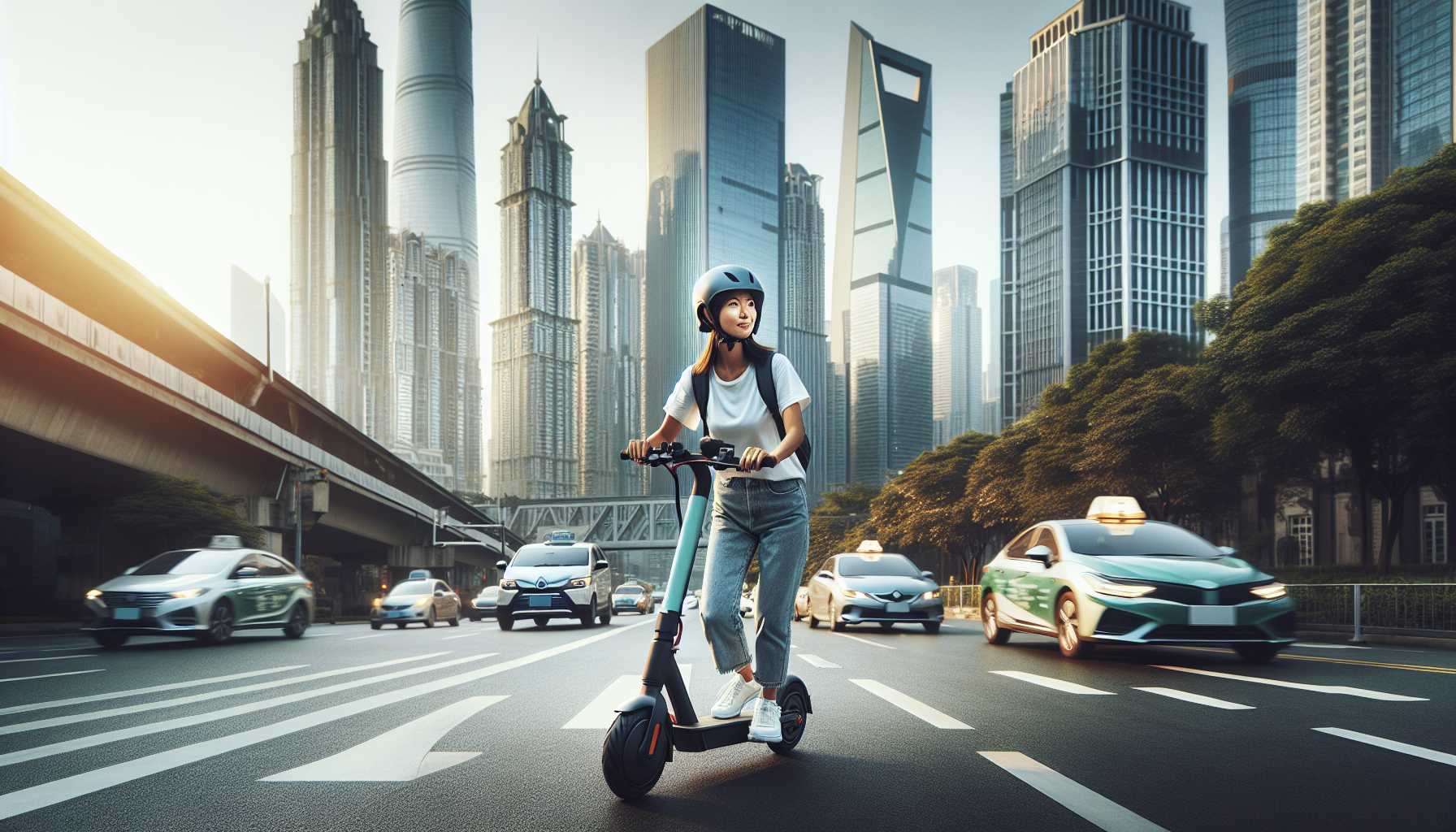 a person riding an electric scooter in a city