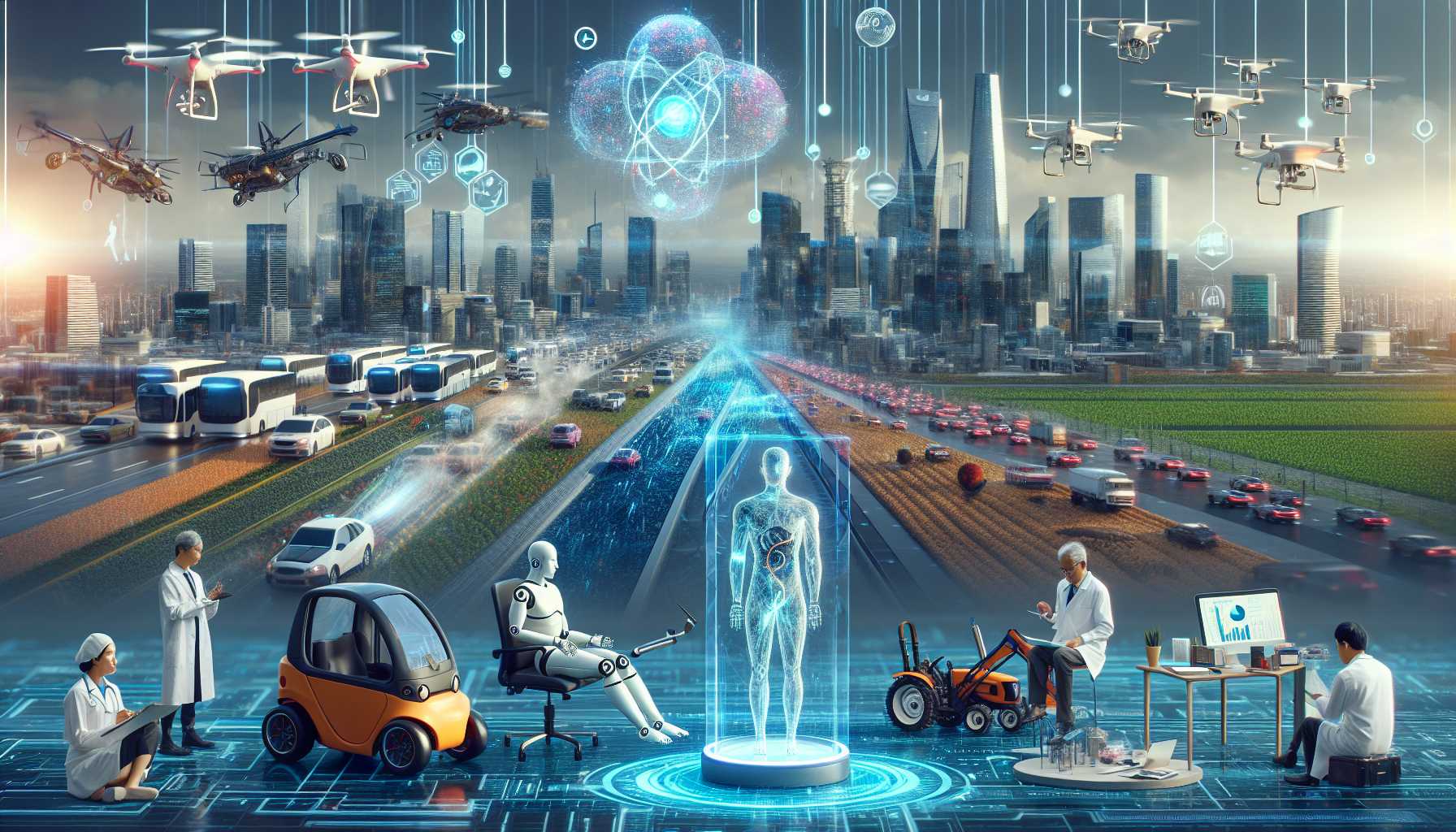 a futuristic depiction of AI innovations influencing various industries