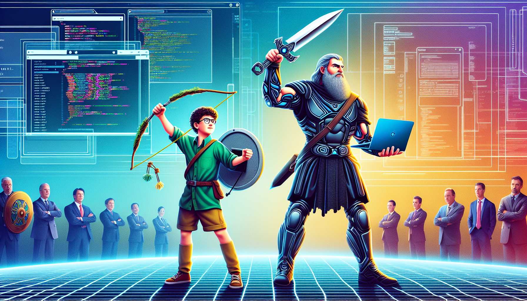 A clash between a small indie developer versus a tech giant depicted as David vs. Goliath