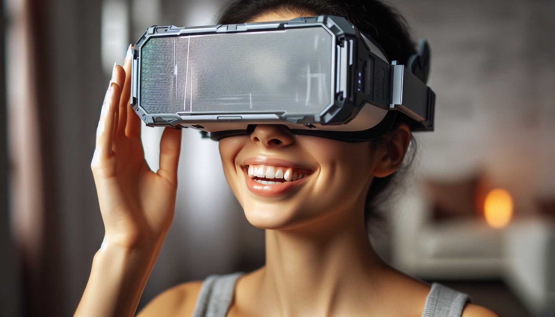 A hopeful tech user wearing a futuristic VR headset, looking forward and smiling