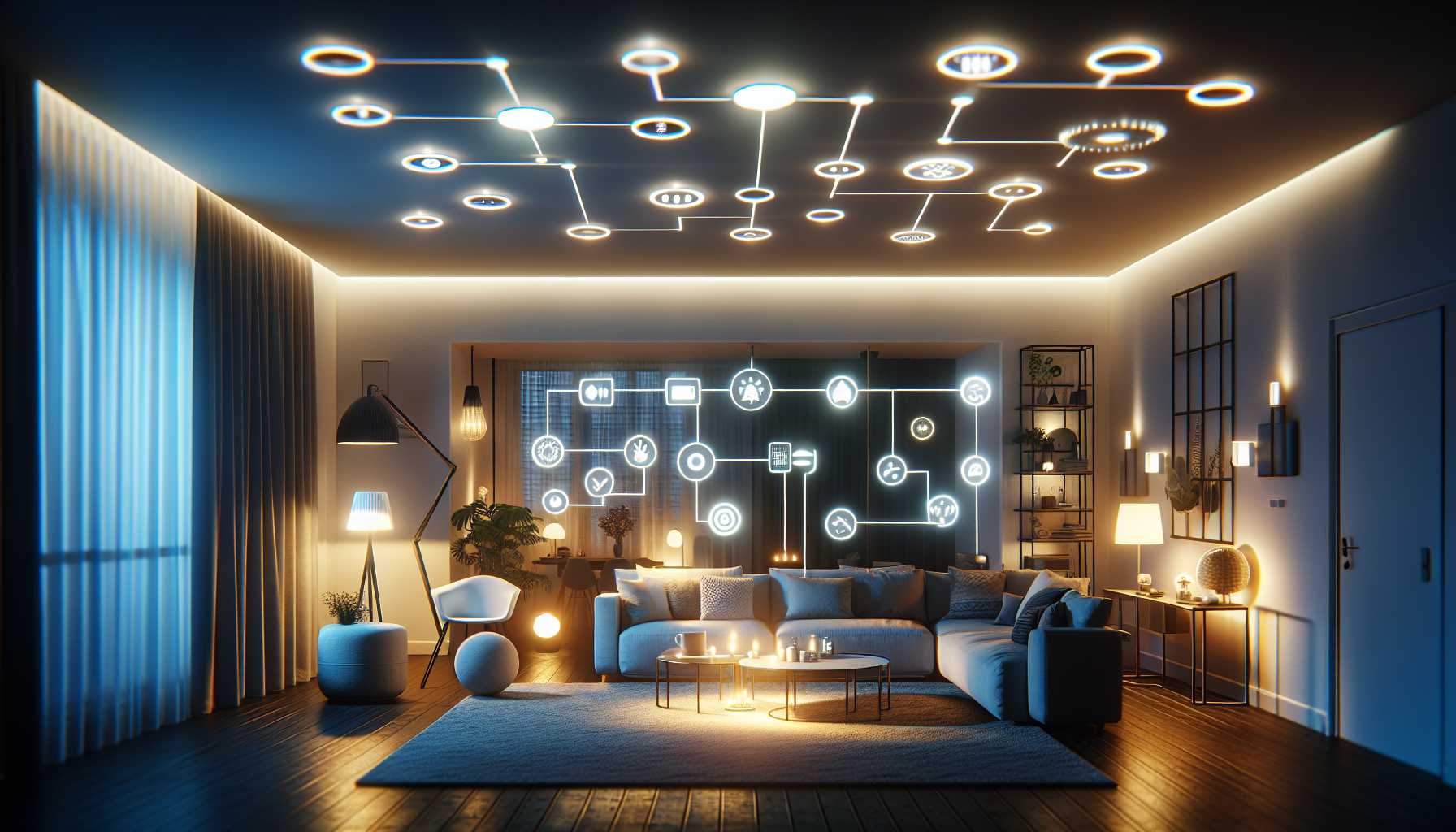 A modern living room in a Swedish apartment with smart lighting features, showcasing different lighting scenes and colors.