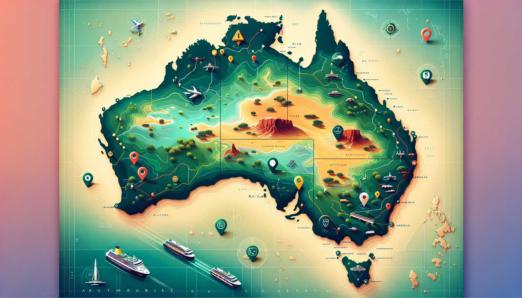 A map of Australia with digital travel icons overlaid on top