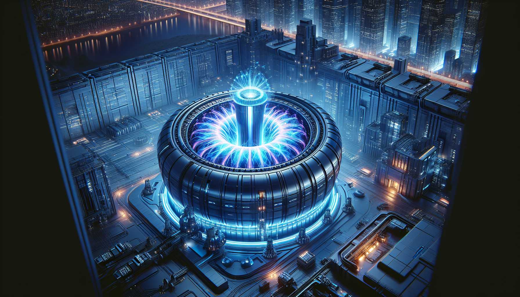 a futuristic fusion power plant with bright plasma in a tokamak-style reactor