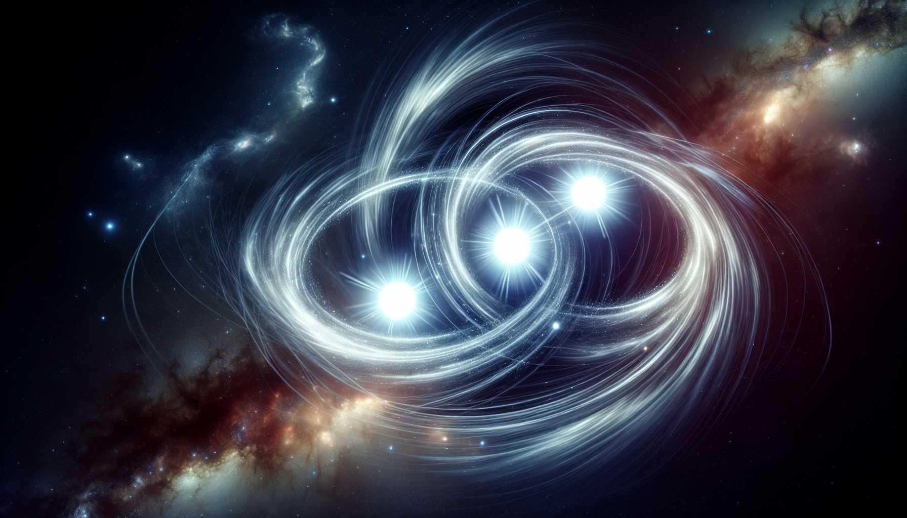 a dazzling trio of stars spinning rapidly in a cosmic dance