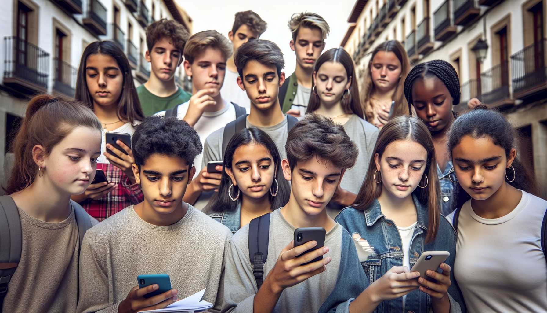 A group of teenagers in Spain using their smartphones for educational purposes