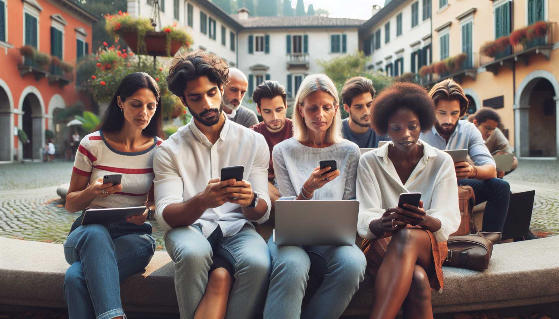 A group of people in Italy using laptops and smartphones to connect with each other online, forming a technology community.