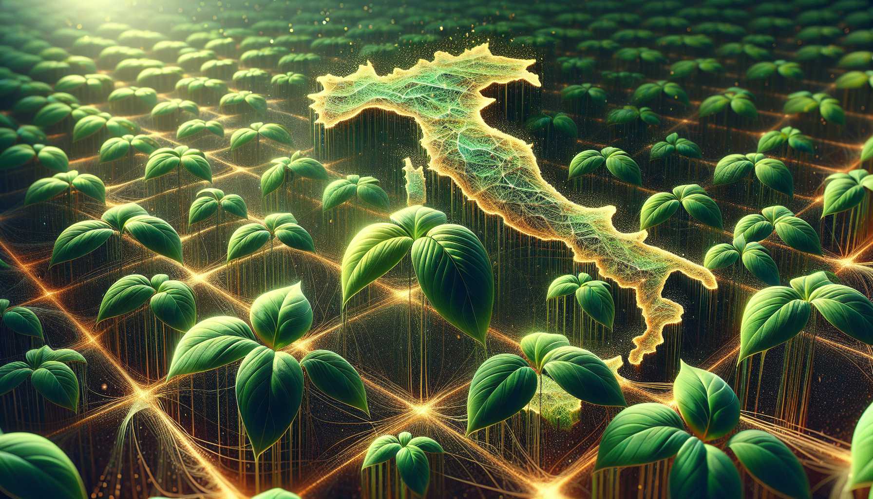 A network of interconnected green leaves representing the growth of green tech startups in Italy