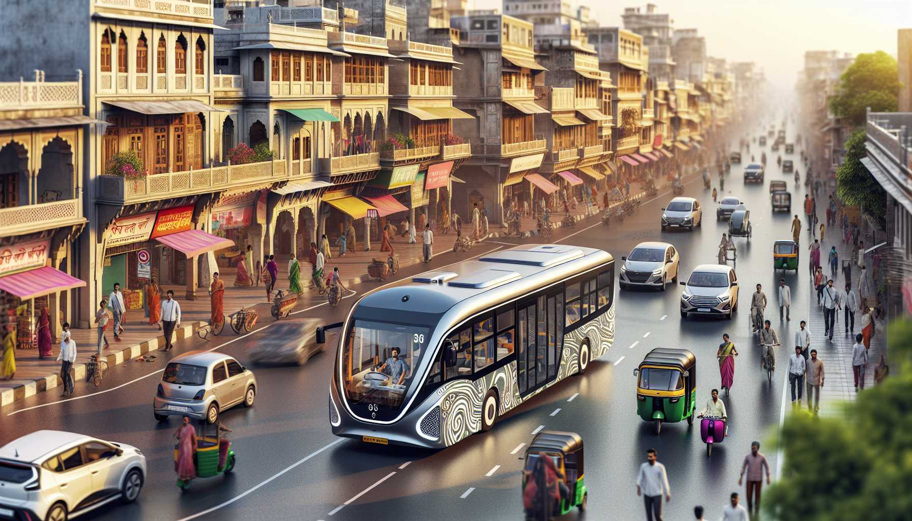 An electric bus driving through a busy city street in India