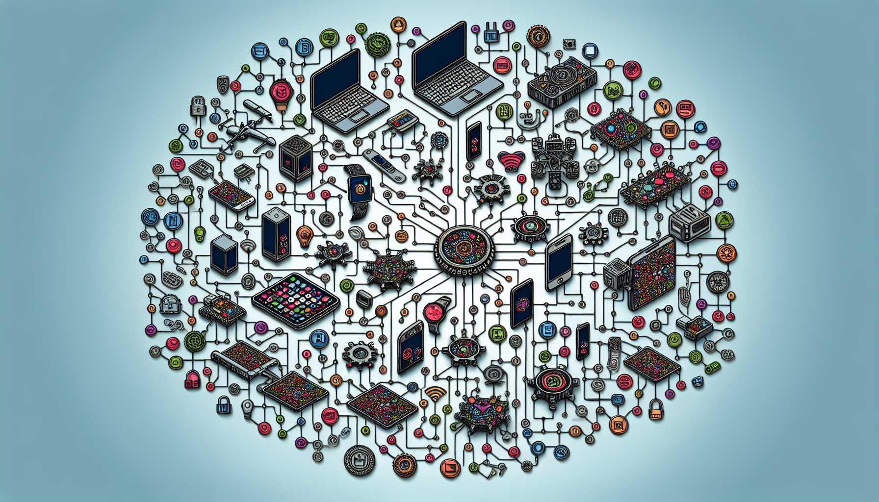 An intricate network symbolizing Apple's diverse product innovations.