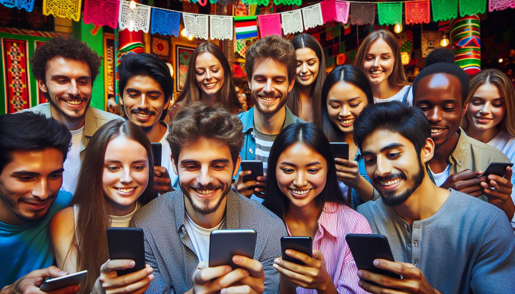 A group of young adults in Mexico using smartphones