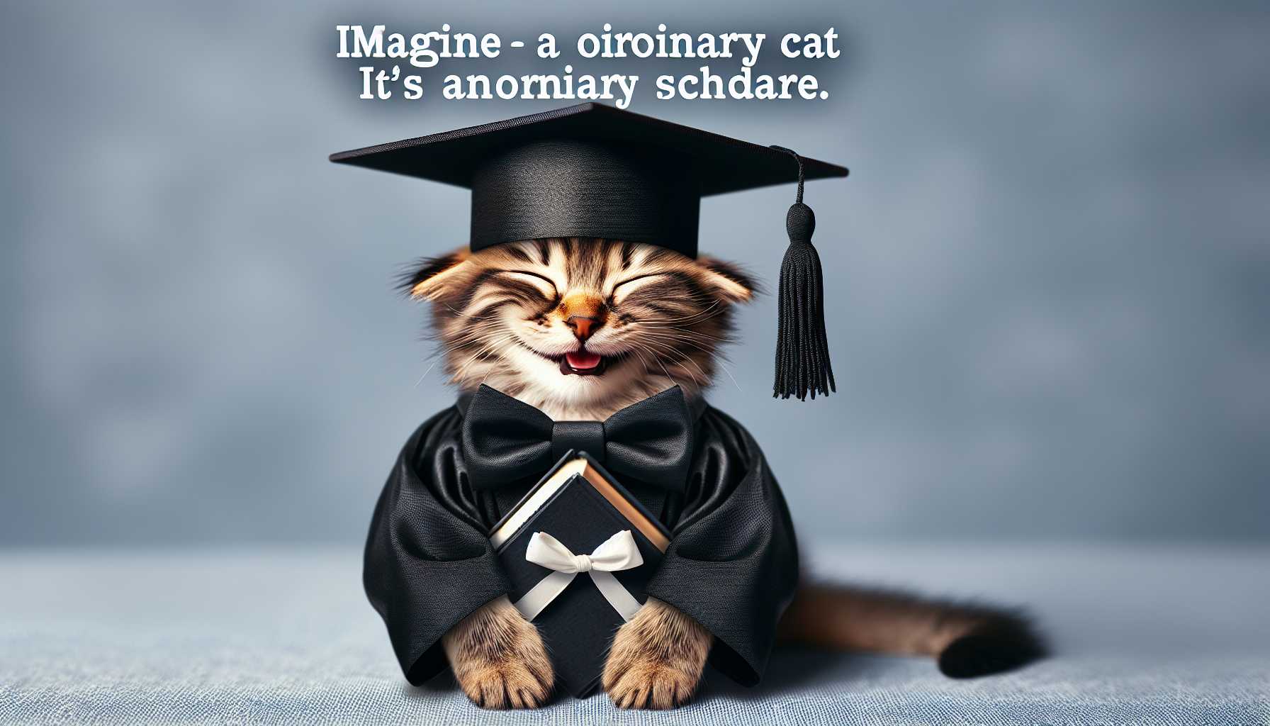 A happy cat wearing a graduation cap and holding a book