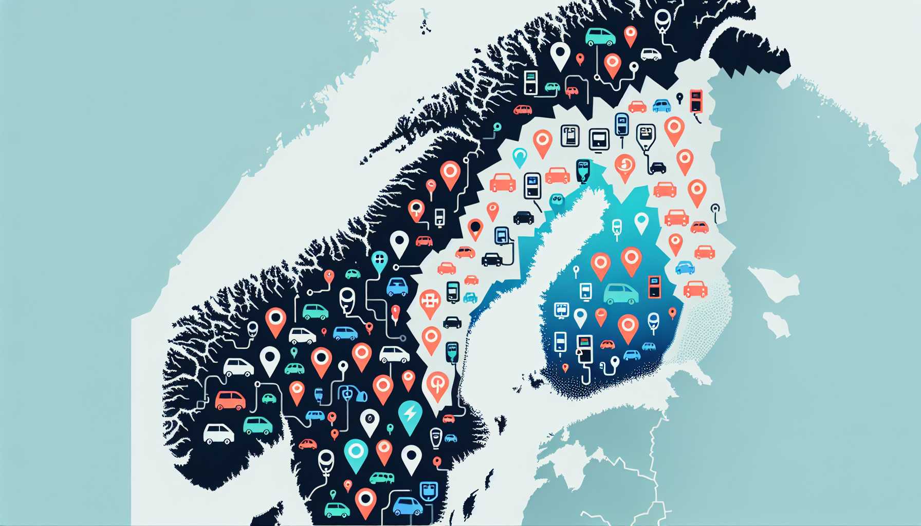 Map of Norway with charging stations marked in urban areas