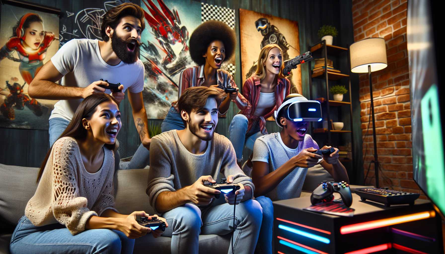 A group of people playing video games together in a brightly lit room with gaming equipment.