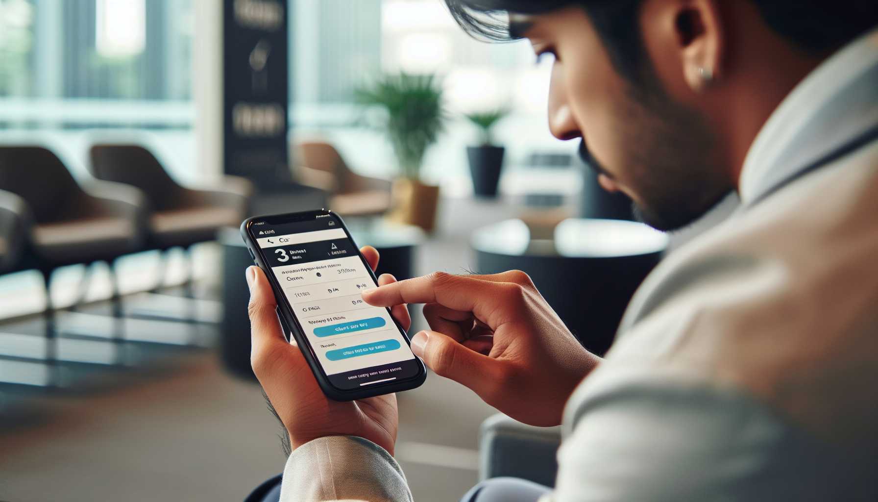 A person using a smartphone app to book a car rental in India