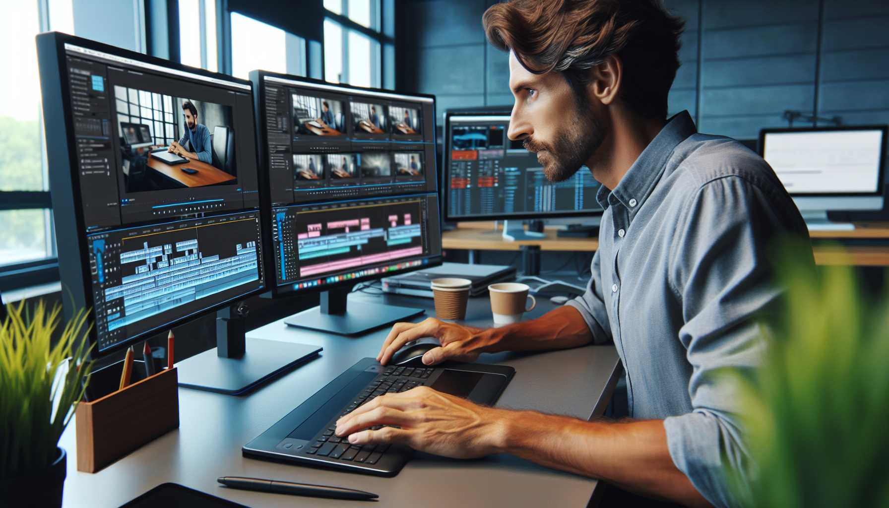 A professional video editor working on a computer with multiple monitors displaying different editing tools and footage.