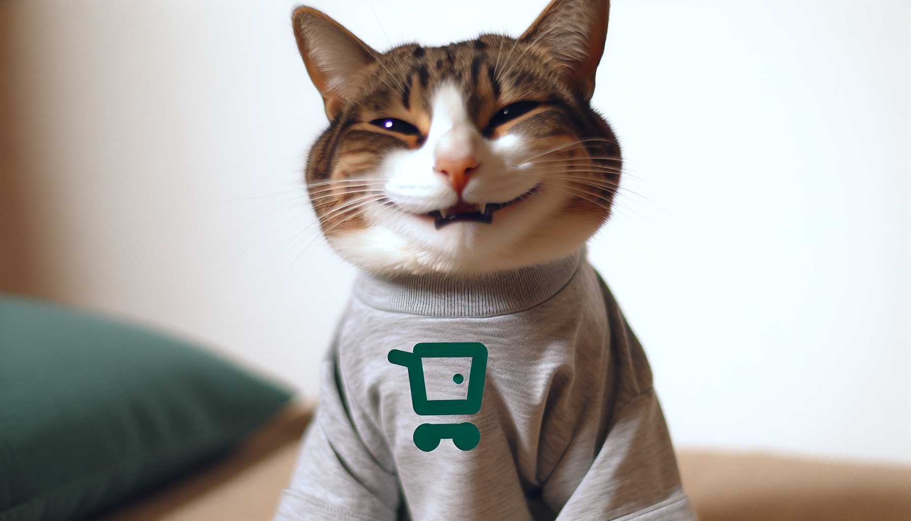 A happy cat sporting a Shopify t-shirt