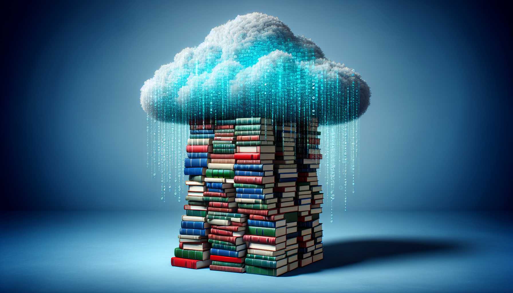 a stack of books overshadowed by a digital cloud