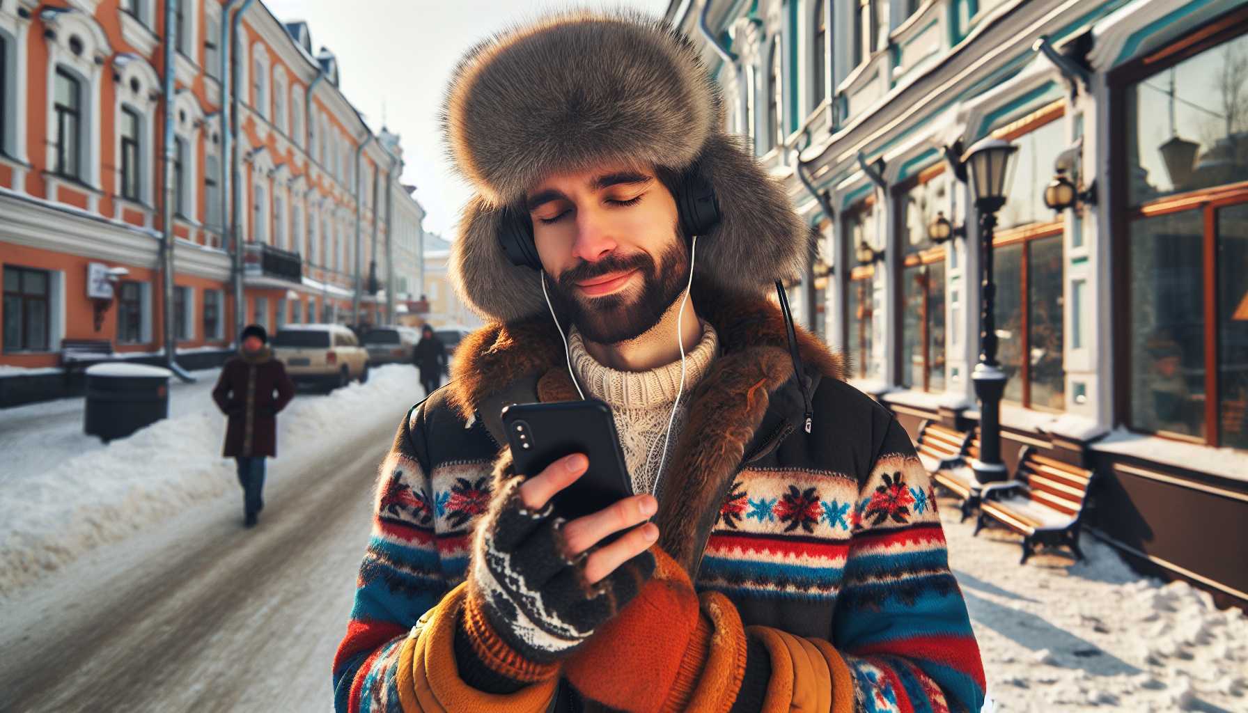 A person in Russia listening to music on their smartphone while walking down a street.