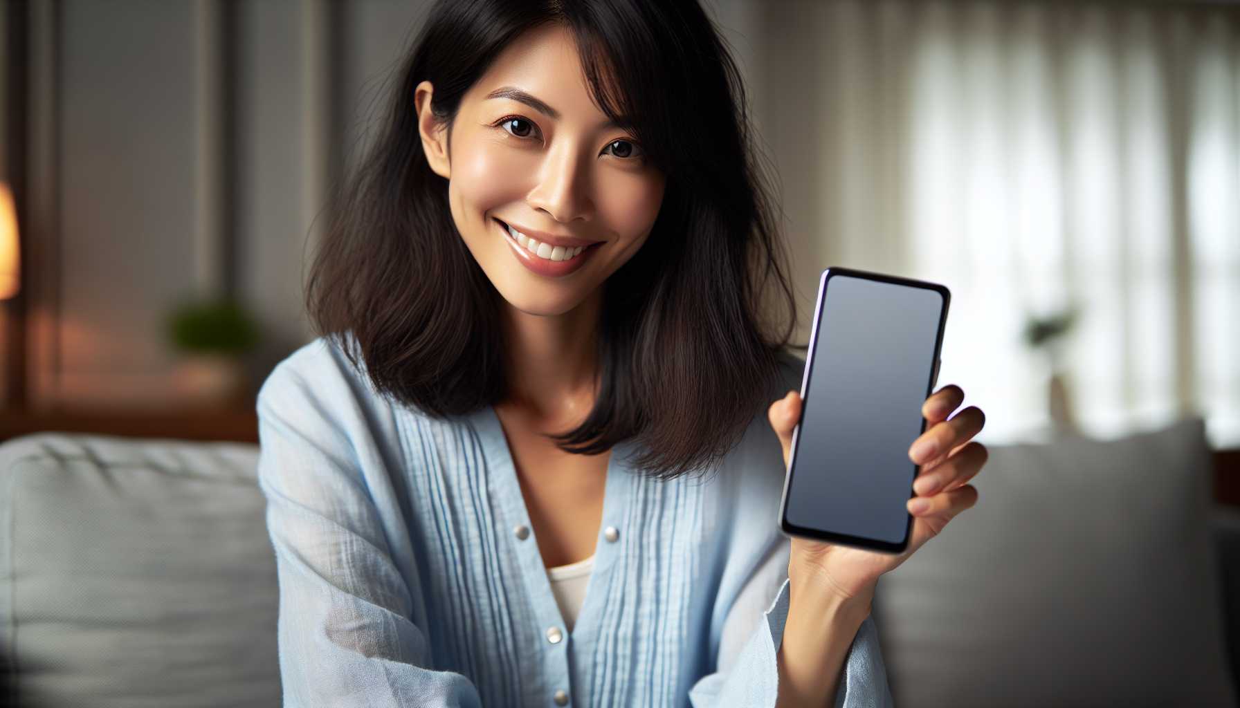 Person holding a Samsung smartphone with a smile