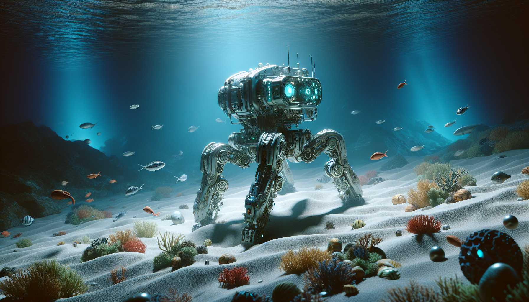 robot walking underwater with eerie lighting and metallic texture