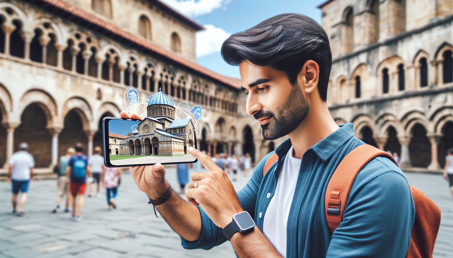 A tourist using an AR app to learn about the history of the Vatican