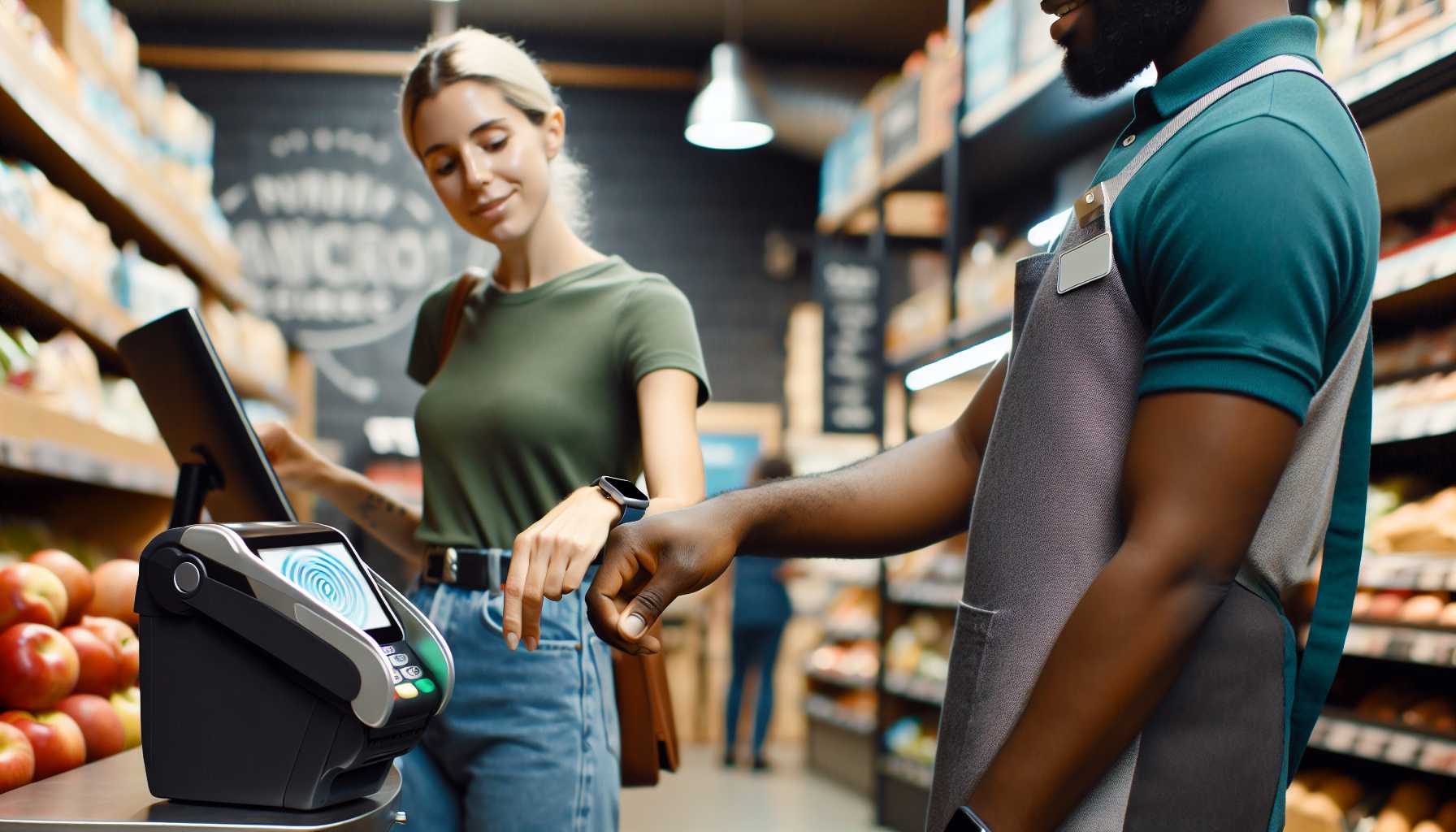 A person using a smartwatch to make a contactless payment at a store