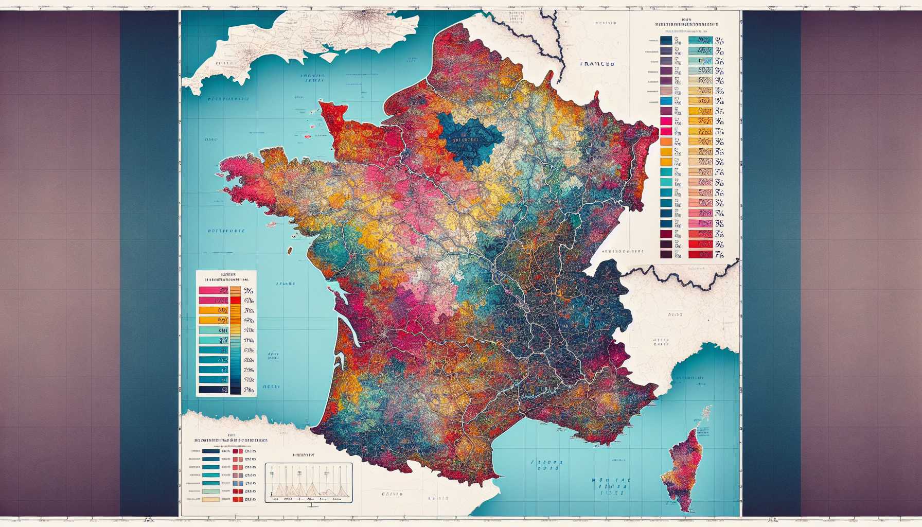 A map of France with areas highlighted in different colors representing the percentage of households with high-speed internet access.