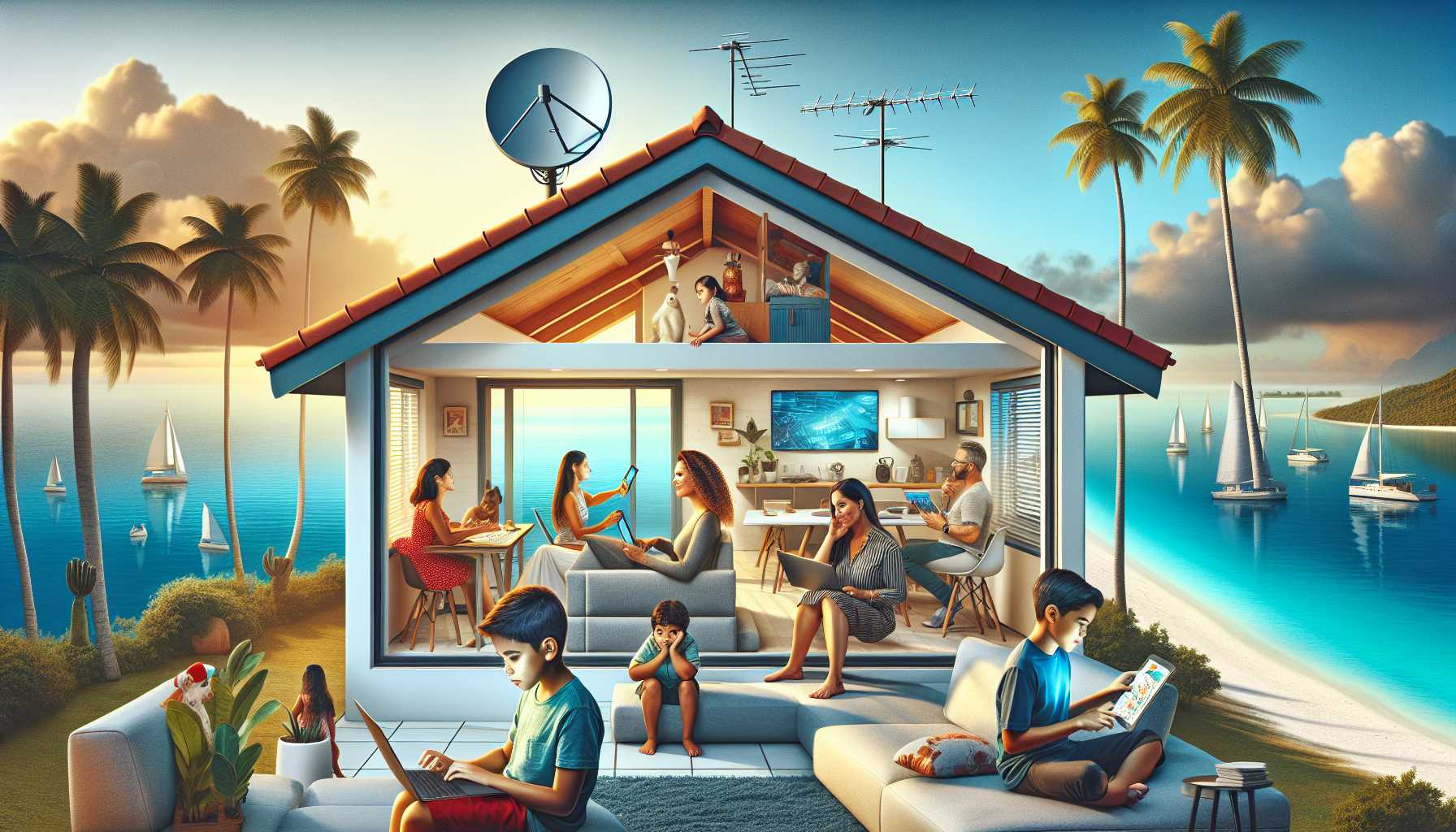 A modern house in the Cayman Islands with a satellite dish on the roof and a family using laptops and tablets inside.