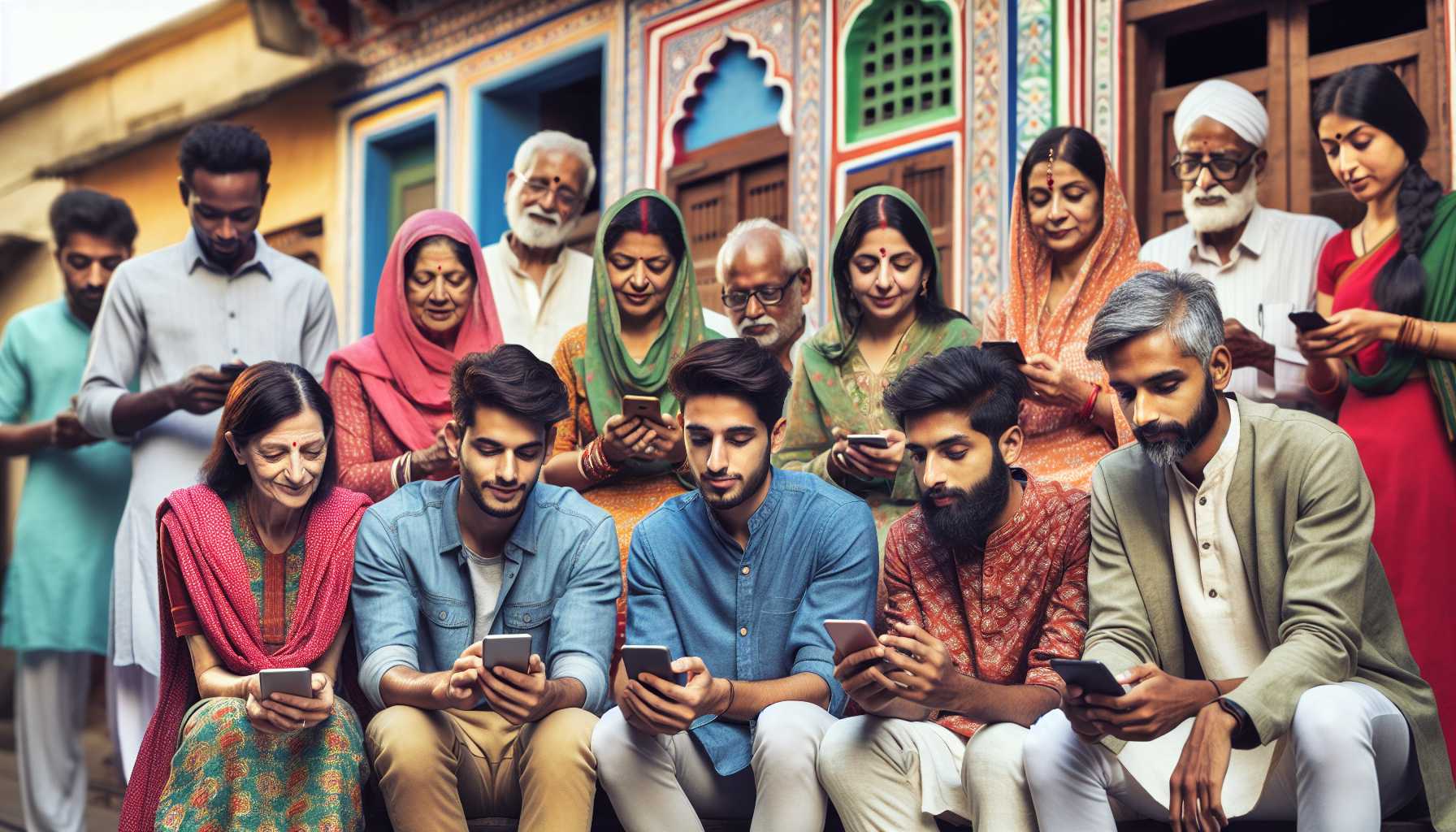 A group of people in India using their smartphones to create and share content online