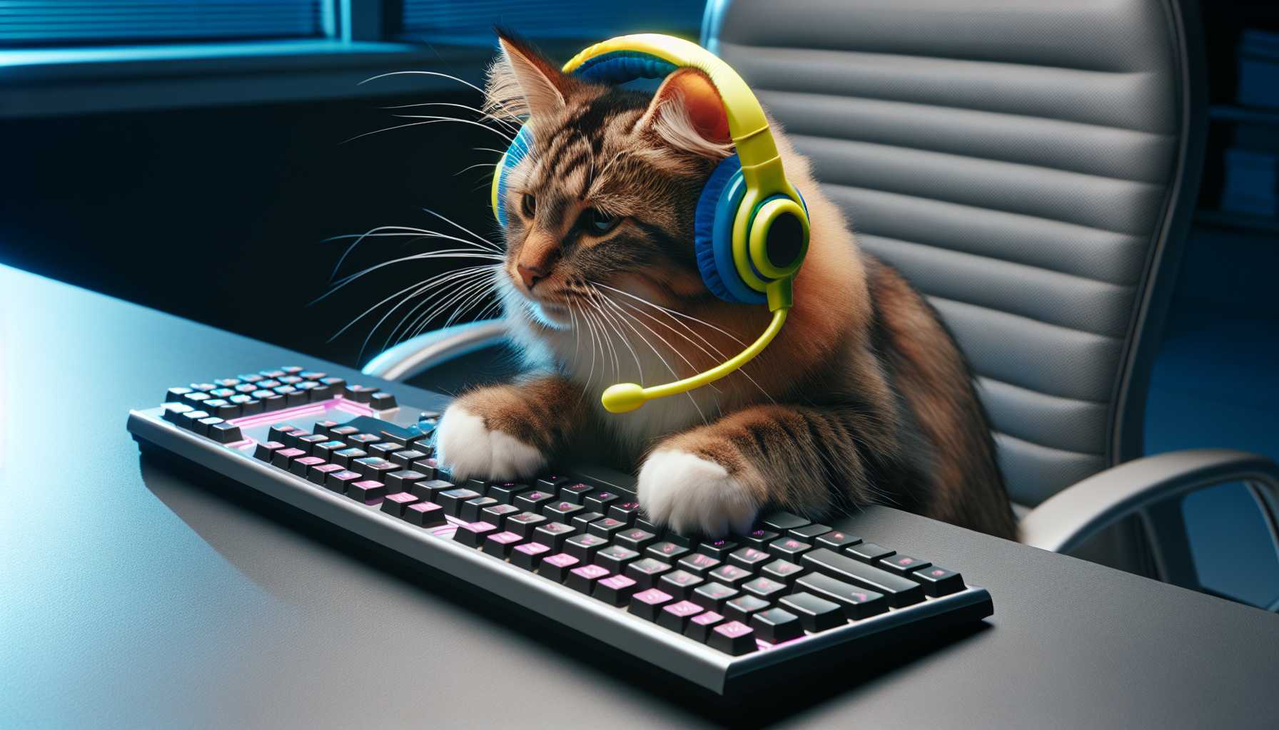 A happy cat wearing a headset and typing on a computer, symbolizing AI-powered chatbots.